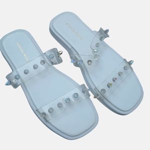 New! White Iridescent Spike Stud Clear Double Strap Comfy Jelly Sandals Size 8
